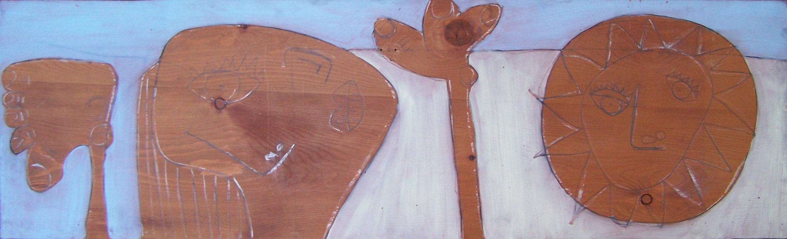 18, Mensch und Sonne, 34 x 108 cm, Gouache auf Holz, 1997